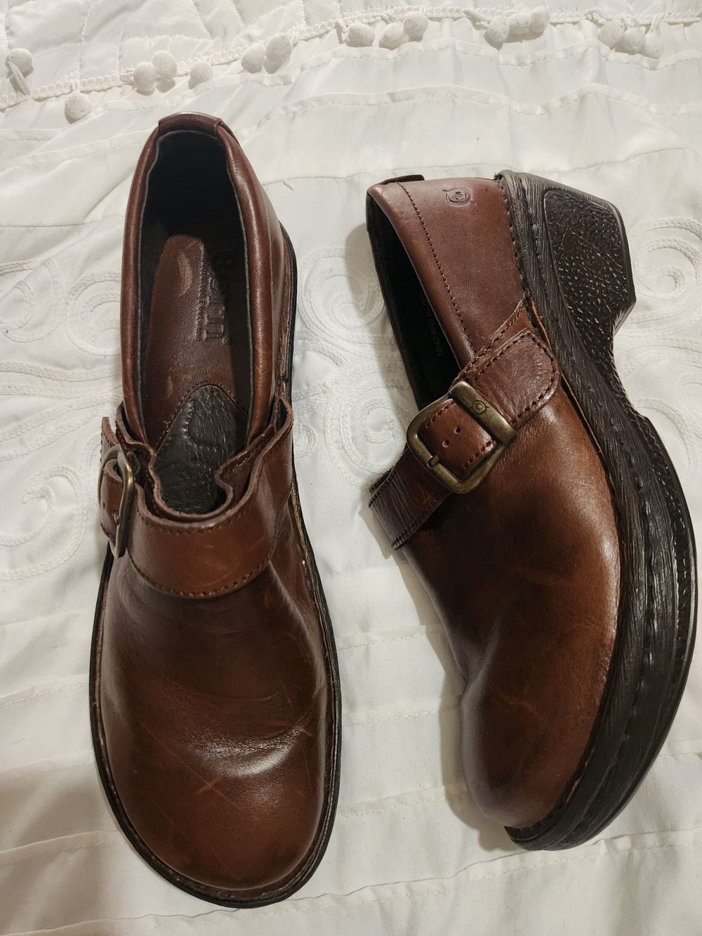 Born Brown Leather Slip-On Clog Mules with Buckle